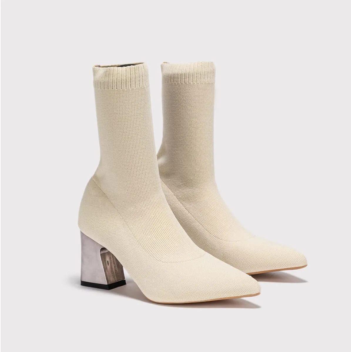 GATUXUS Women's Chunky High Heel Ankle Boots Pointed Toe Mid Calf Knitting Sock Booties Warm Shoes