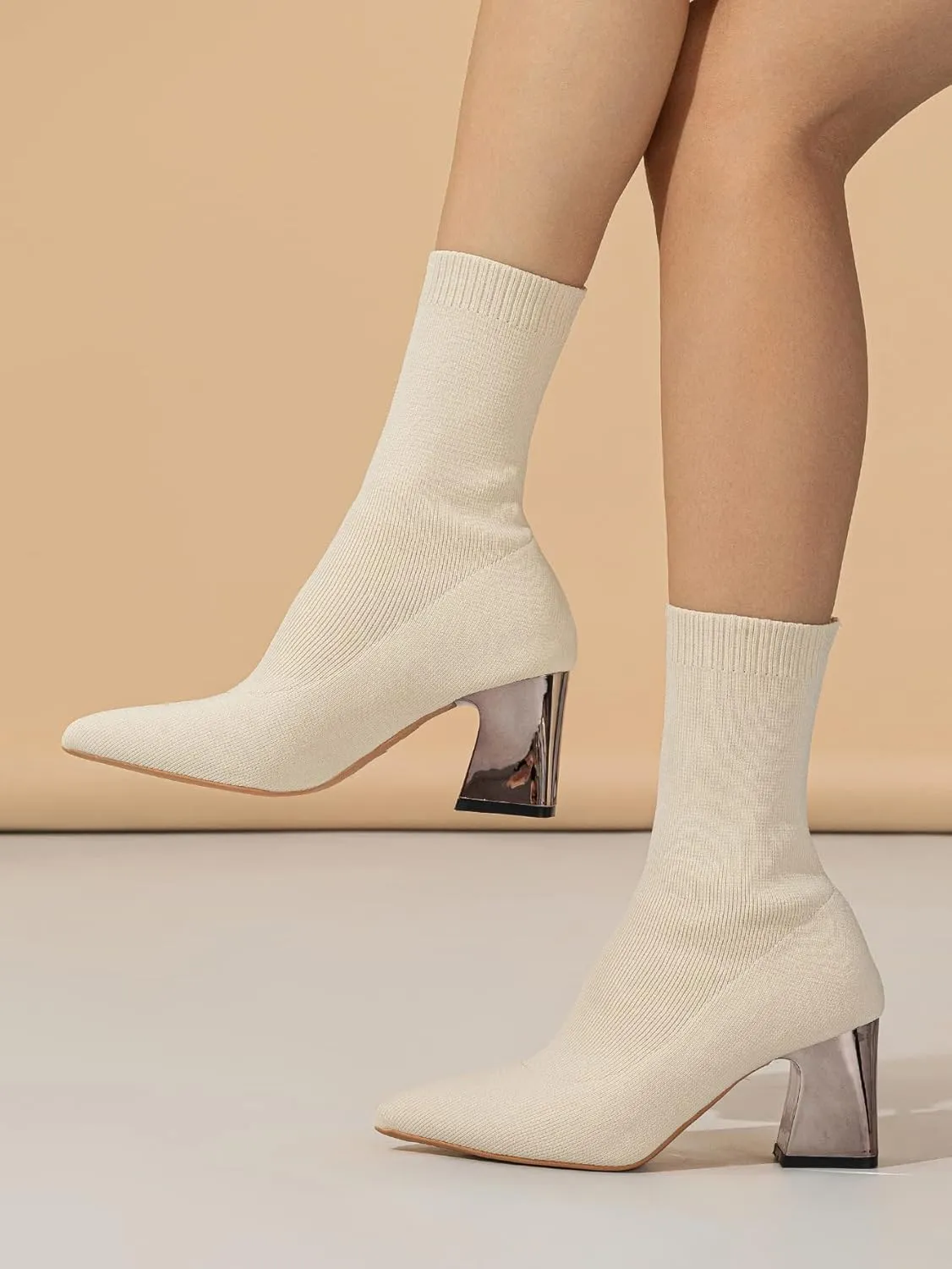 GATUXUS Women's Chunky High Heel Ankle Boots Pointed Toe Mid Calf Knitting Sock Booties Warm Shoes