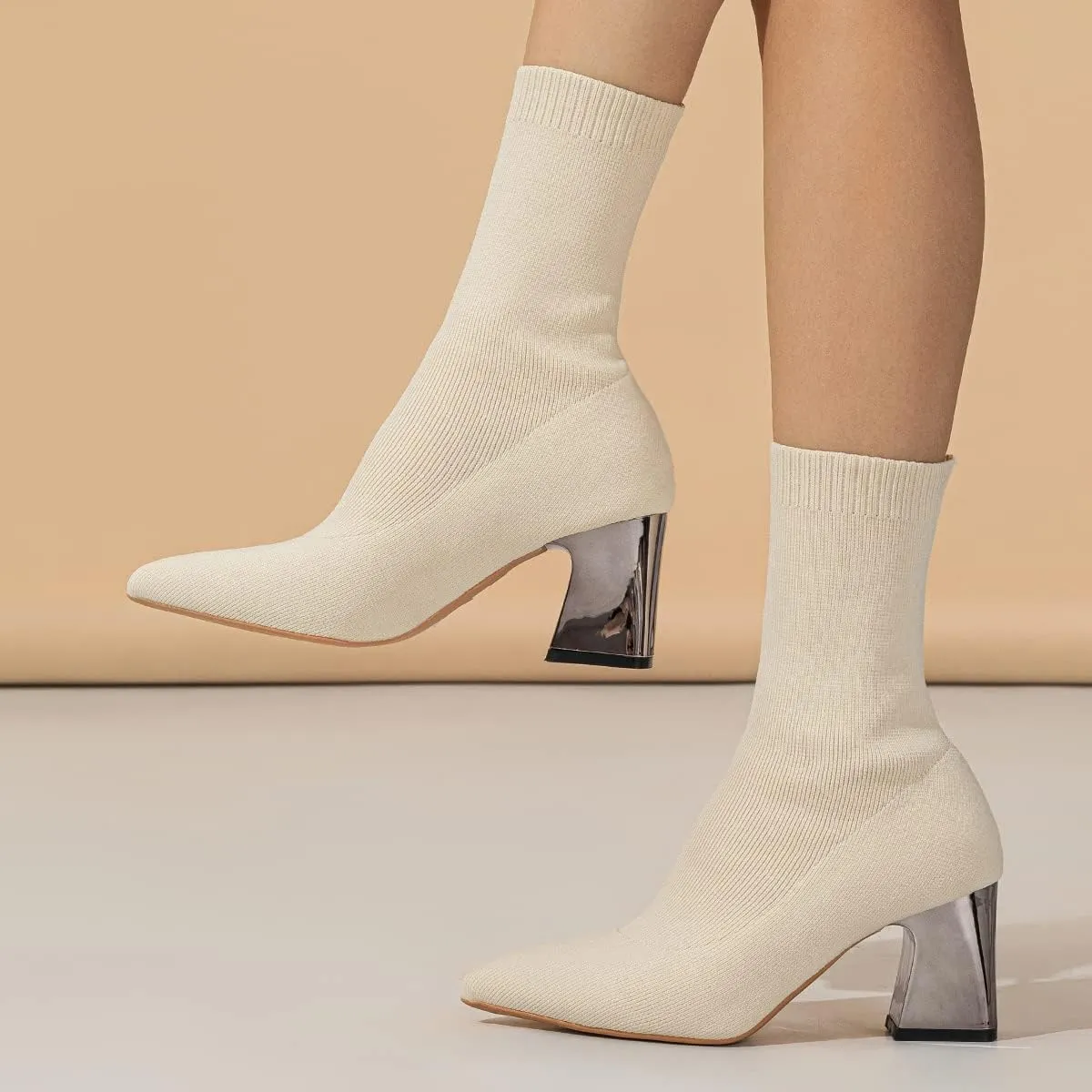 GATUXUS Women's Chunky High Heel Ankle Boots Pointed Toe Mid Calf Knitting Sock Booties Warm Shoes