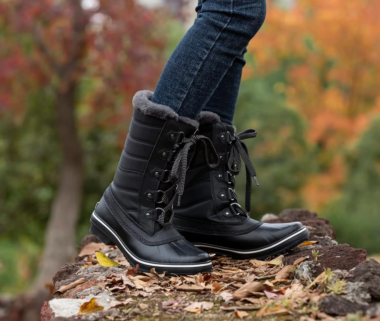 GAWBAW Women's Mid-Calf Waterproof Winter Snow Boots - Warm Faux Fur Lined Duck Boots Cold Weather Lace Up Fashion Boots