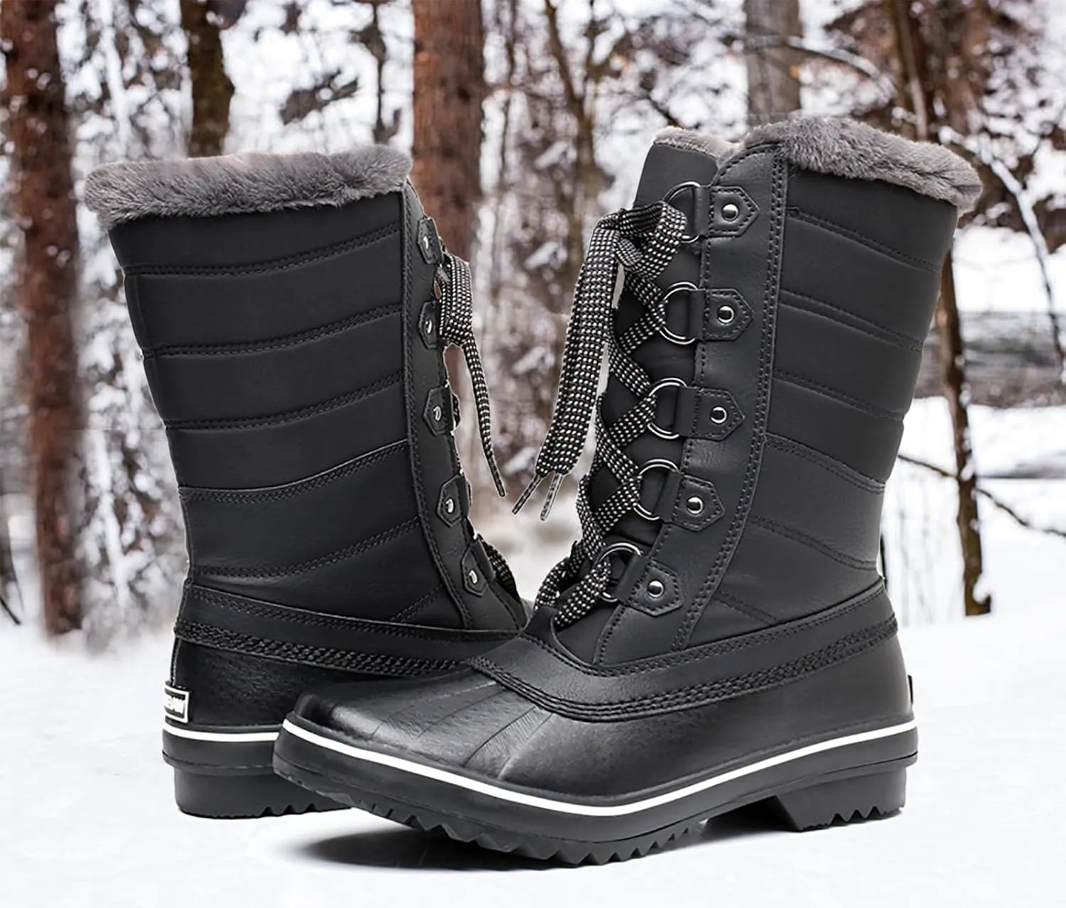 GAWBAW Women's Mid-Calf Waterproof Winter Snow Boots - Warm Faux Fur Lined Duck Boots Cold Weather Lace Up Fashion Boots