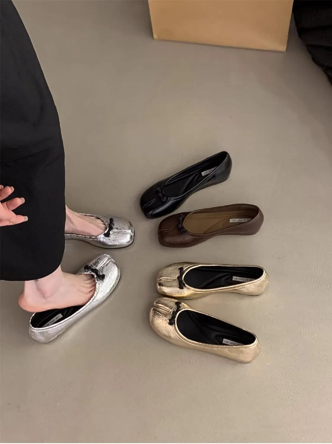 Geerta Tabi Shoes Women Slip on Ballet Flat Chinese Knot Decorated - Low Top Split Toe Orthopedic Sandals Cute Casual Comfortable Walking Lightweight Loafers Female Solid All-Match for Daily Wear