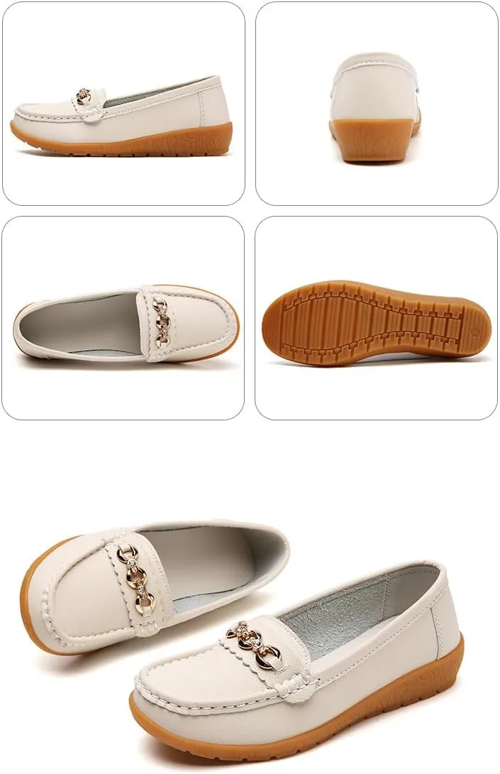 Geerta Women's Moccasins Cute Fashion Chain Decorated Round Toe Low Top Shoes Orthopedic Sandals, Casual Comfy Cute Lightweight Slip on Shoes, Female Solid All-Match Loafers for Daily Wear