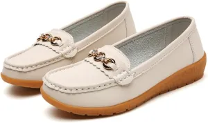 Geerta Women's Moccasins Cute Fashion Chain Decorated Round Toe Low Top Shoes Orthopedic Sandals, Casual Comfy Cute Lightweight Slip on Shoes, Female Solid All-Match Loafers for Daily Wear