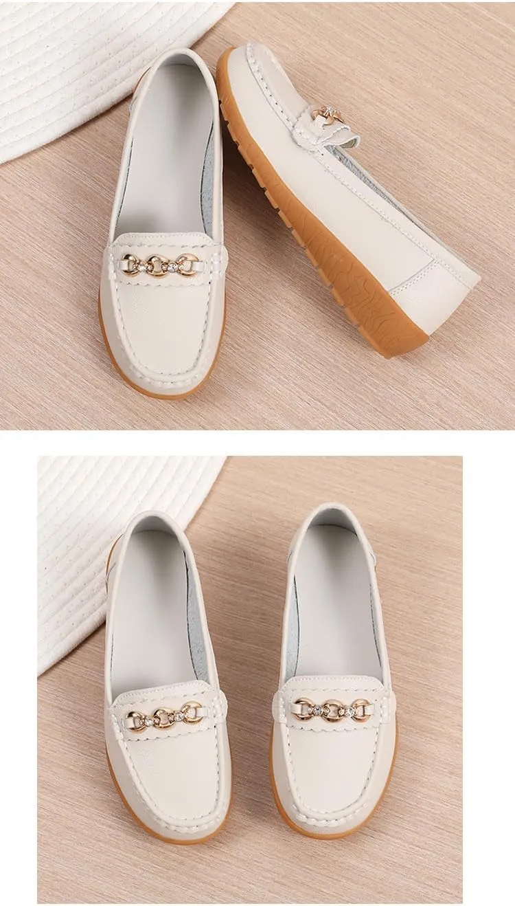 Geerta Women's Moccasins Cute Fashion Chain Decorated Round Toe Low Top Shoes Orthopedic Sandals, Casual Comfy Cute Lightweight Slip on Shoes, Female Solid All-Match Loafers for Daily Wear
