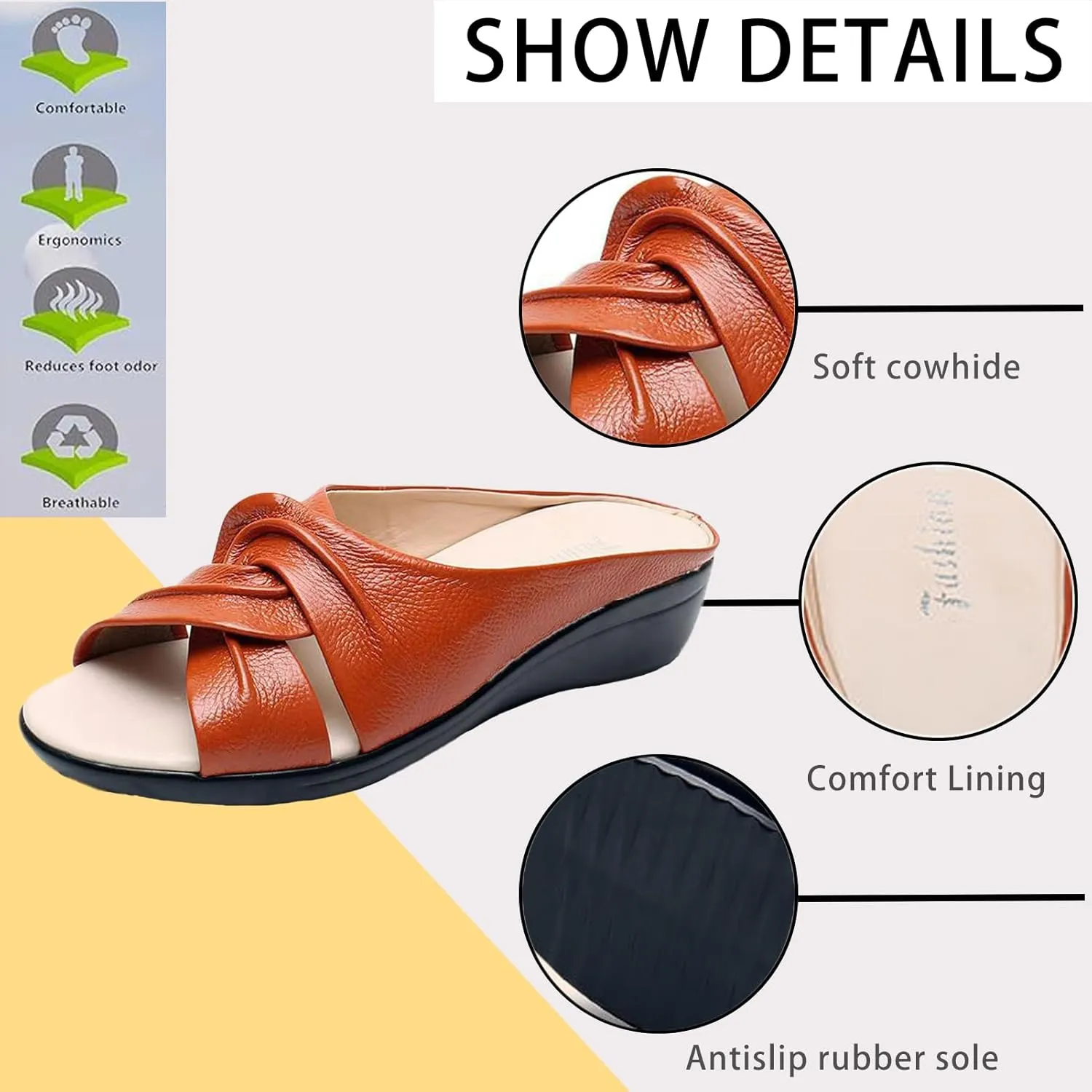 Genuine Leather Orthopedic Walking Wedge Sandals for Women Fashion Lace-up Fish Mouth Slip On Platform Slippers with Comfortable Arch Support