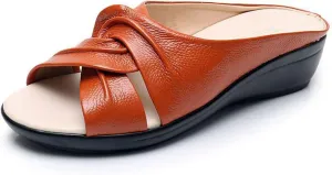 Genuine Leather Orthopedic Walking Wedge Sandals for Women Fashion Lace-up Fish Mouth Slip On Platform Slippers with Comfortable Arch Support