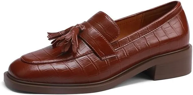 Genuine Leather Women's Round Toe Handmade Tassels Low Chunky Heels Slip On Comfortable Loafers