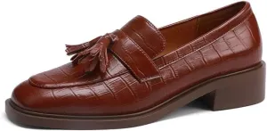 Genuine Leather Women's Round Toe Handmade Tassels Low Chunky Heels Slip On Comfortable Loafers