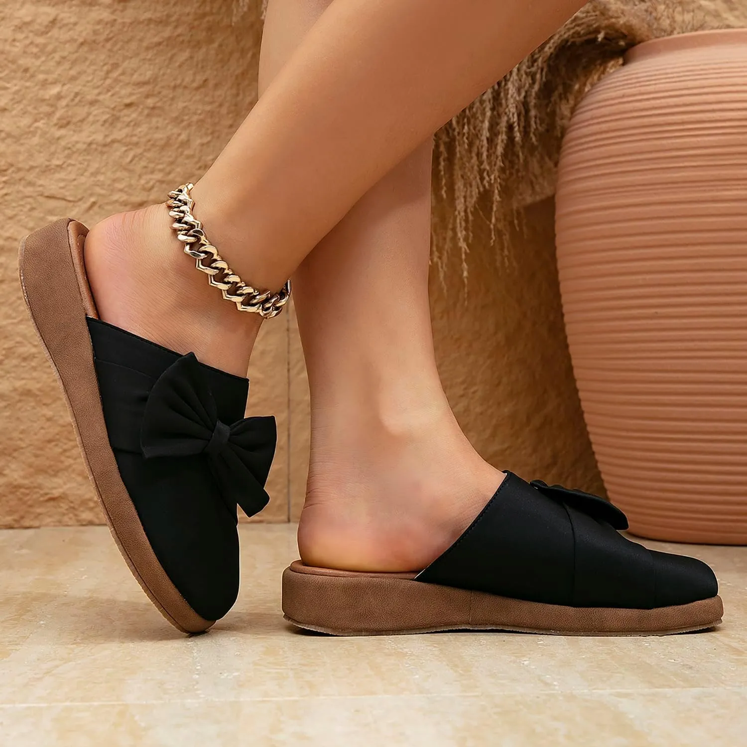 getmorebeauty Women's Cute Bow Mules Platform Clogs Closed Toe Slip-on Wedge Slides Sandals Summer Shoes