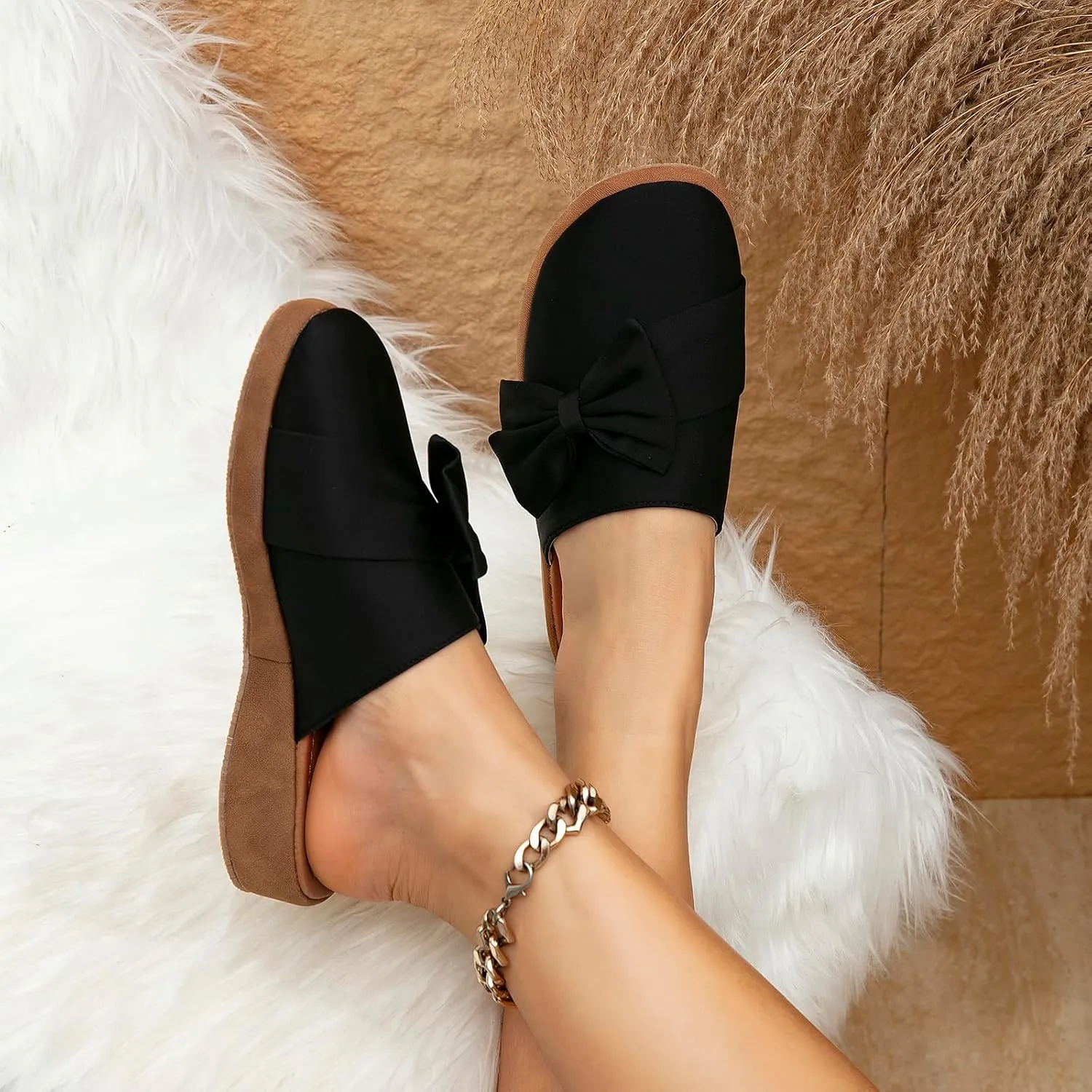 getmorebeauty Women's Cute Bow Mules Platform Clogs Closed Toe Slip-on Wedge Slides Sandals Summer Shoes