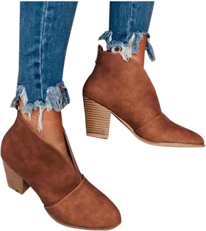 Gibobby Ankle Booties for Women Flat Heel,Women's Round Toe Faux Suede Stacked Heel Side Zipper Western Shoes Ankle Boots