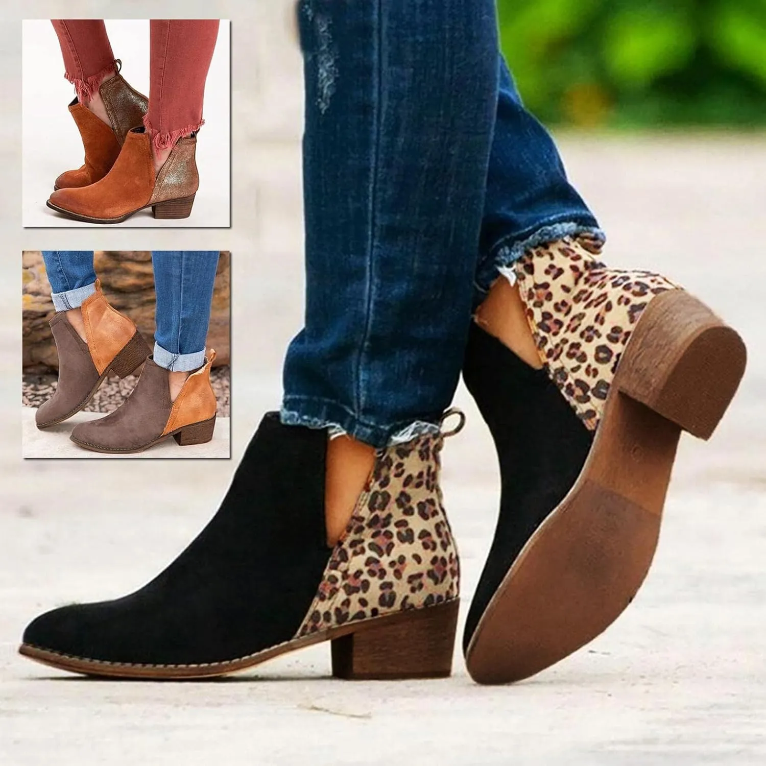 Gibobby Booties for Women Womens Ankle Boots Pointed Toe Faux Stacked Chunky Heels Leopard Side Zipper Booties