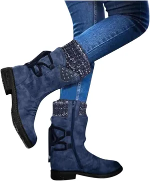 Gibobby Boots for Women Knee High,Mid Waterproof Calf Boots Retro Low Heel Middle Tube Boots Buckle Combat Motorcycle Boots