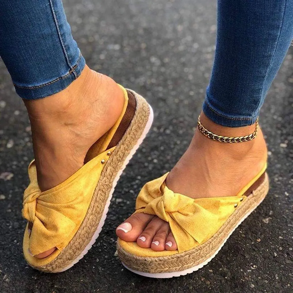 Gibobby Sandals for Women Flat,Slip On Platform Bow Knot Summer Comfy Casual Bow Espadrilles Sandals Platform Slides
