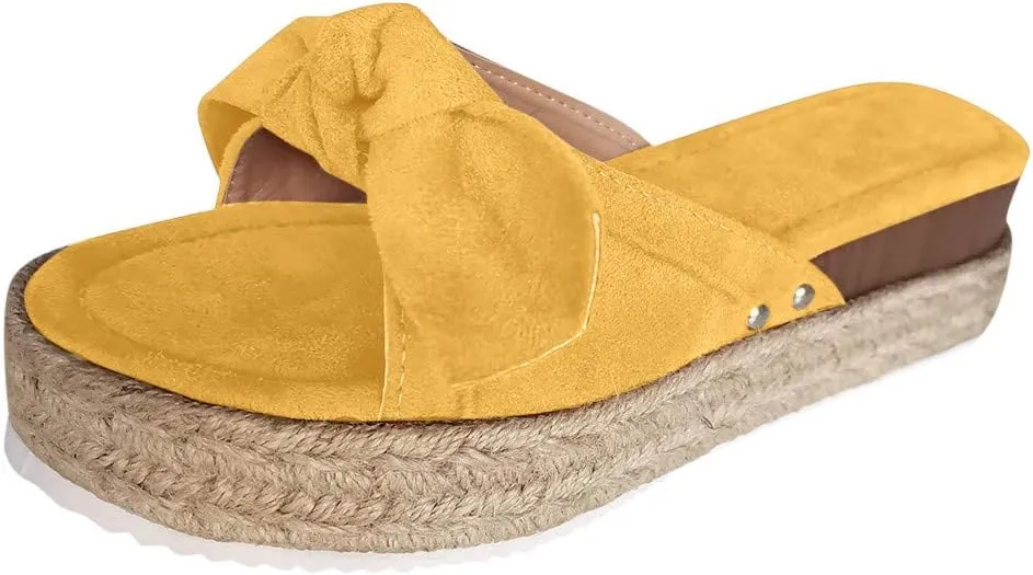 Gibobby Sandals for Women Flat,Slip On Platform Bow Knot Summer Comfy Casual Bow Espadrilles Sandals Platform Slides