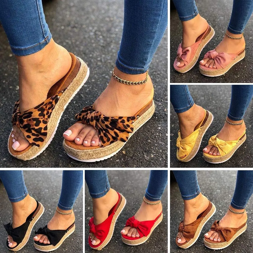 Gibobby Sandals for Women Flat,Slip On Platform Bow Knot Summer Comfy Casual Bow Espadrilles Sandals Platform Slides