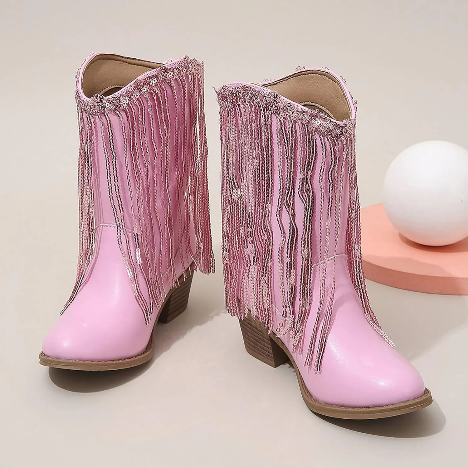 Girl's Cowgirl Boots Cowboy Fringe Western Boots Chunky Heel Tassel Mid Calf Boots Kids Pointed Toe Riding Boots