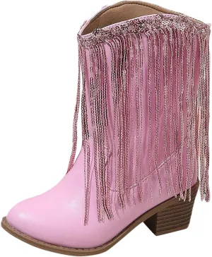 Girl's Cowgirl Boots Cowboy Fringe Western Boots Chunky Heel Tassel Mid Calf Boots Kids Pointed Toe Riding Boots