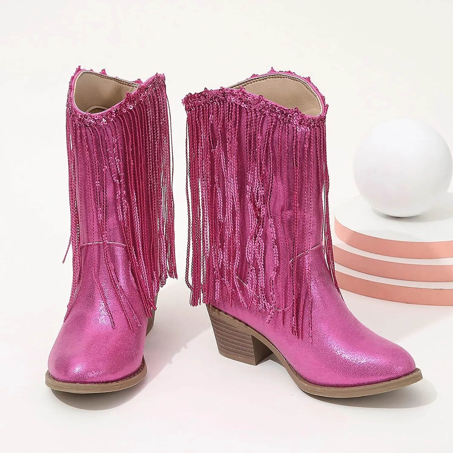 Girl's Cowgirl Boots Cowboy Fringe Western Boots Chunky Heel Tassel Mid Calf Boots Kids Pointed Toe Riding Boots