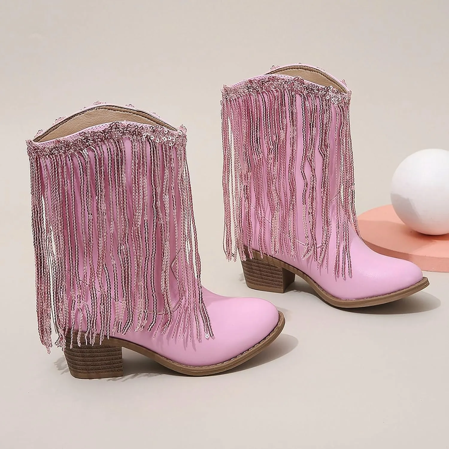 Girl's Cowgirl Boots Cowboy Fringe Western Boots Chunky Heel Tassel Mid Calf Boots Kids Pointed Toe Riding Boots