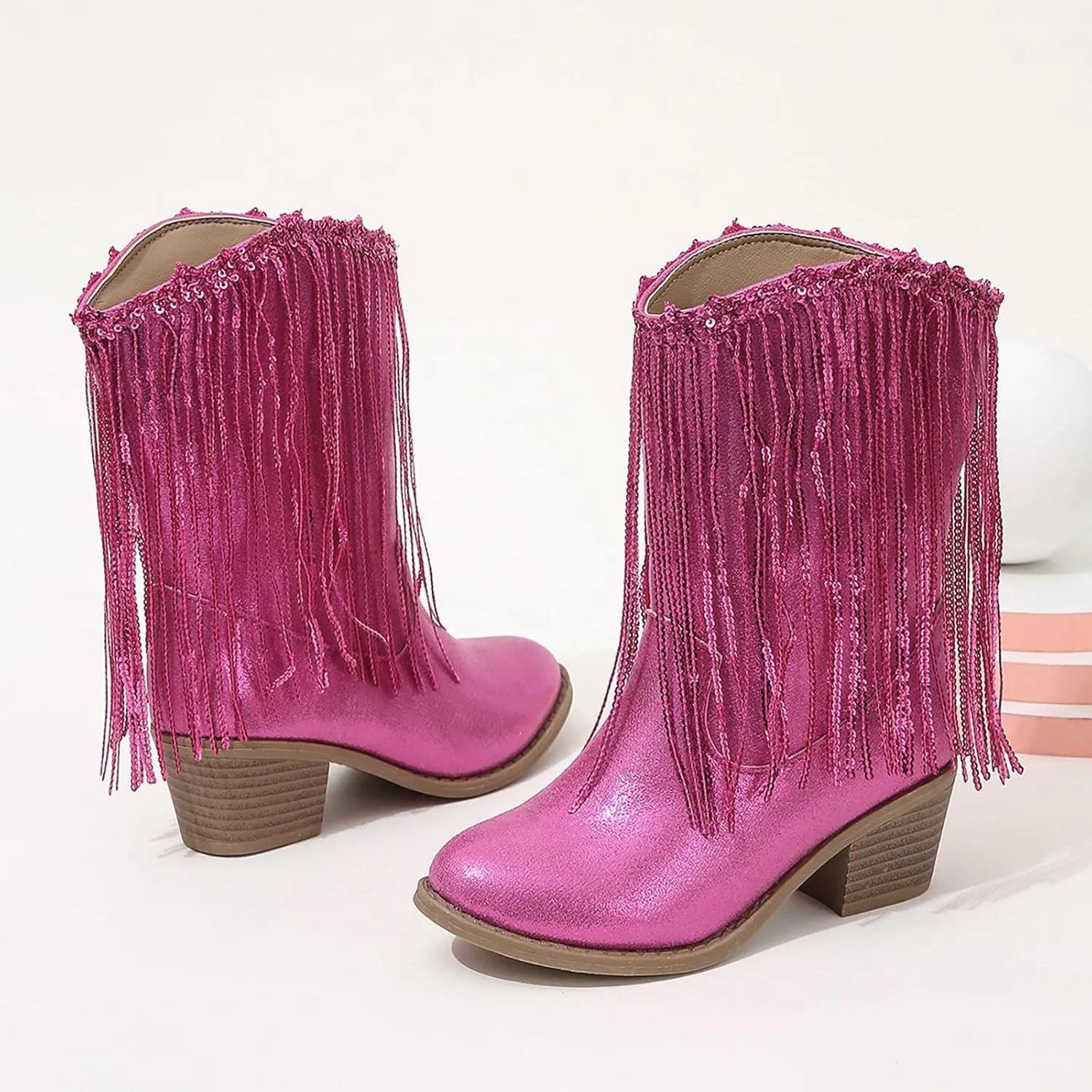 Girl's Cowgirl Boots Cowboy Fringe Western Boots Chunky Heel Tassel Mid Calf Boots Kids Pointed Toe Riding Boots