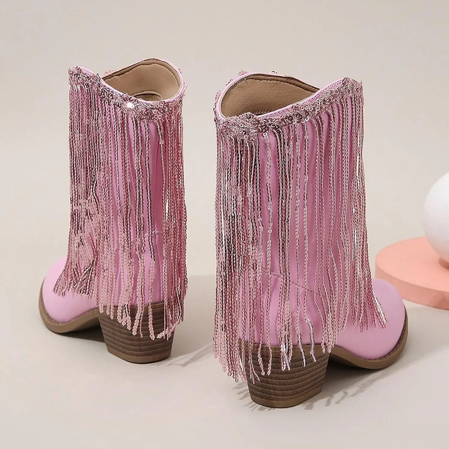 Girl's Cowgirl Boots Cowboy Fringe Western Boots Chunky Heel Tassel Mid Calf Boots Kids Pointed Toe Riding Boots