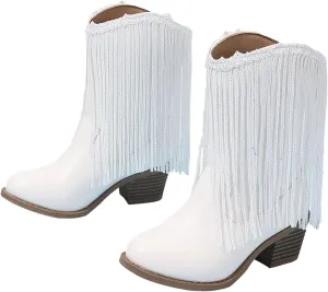 Girl's Cowgirl Boots Cowboy Fringe Western Boots Chunky Heel Tassel Mid Calf Boots Kids Pointed Toe Riding Boots