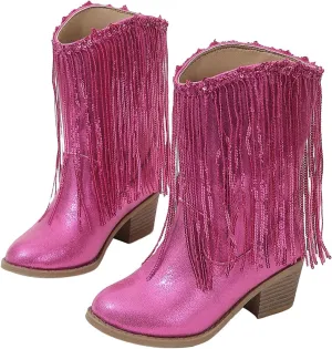 Girl's Cowgirl Boots Cowboy Fringe Western Boots Chunky Heel Tassel Mid Calf Boots Kids Pointed Toe Riding Boots