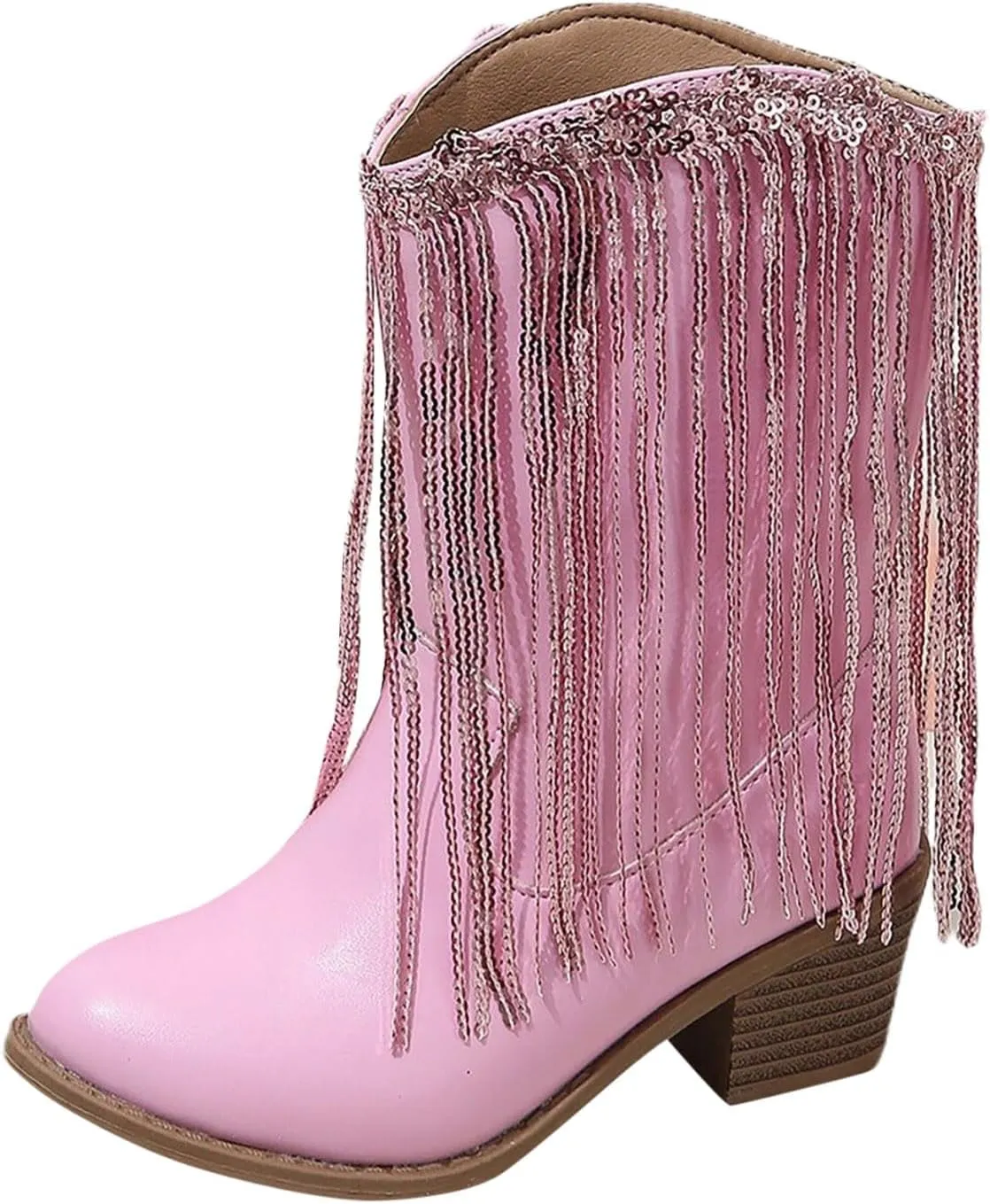 Girl's Cowgirl Boots Cowboy Fringe Western Boots Chunky Heel Tassel Mid Calf Boots Kids Pointed Toe Riding Boots