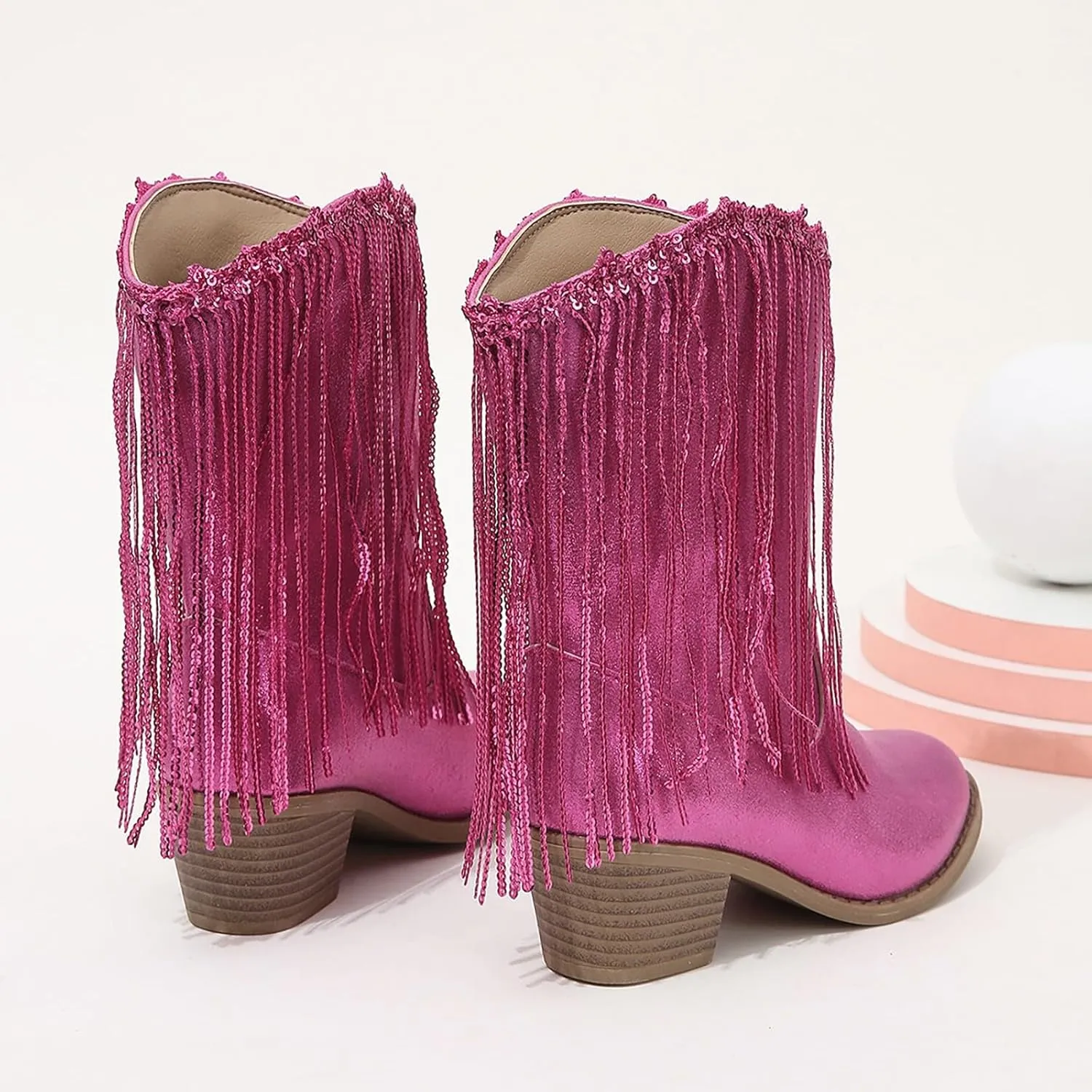 Girl's Cowgirl Boots Cowboy Fringe Western Boots Chunky Heel Tassel Mid Calf Boots Kids Pointed Toe Riding Boots