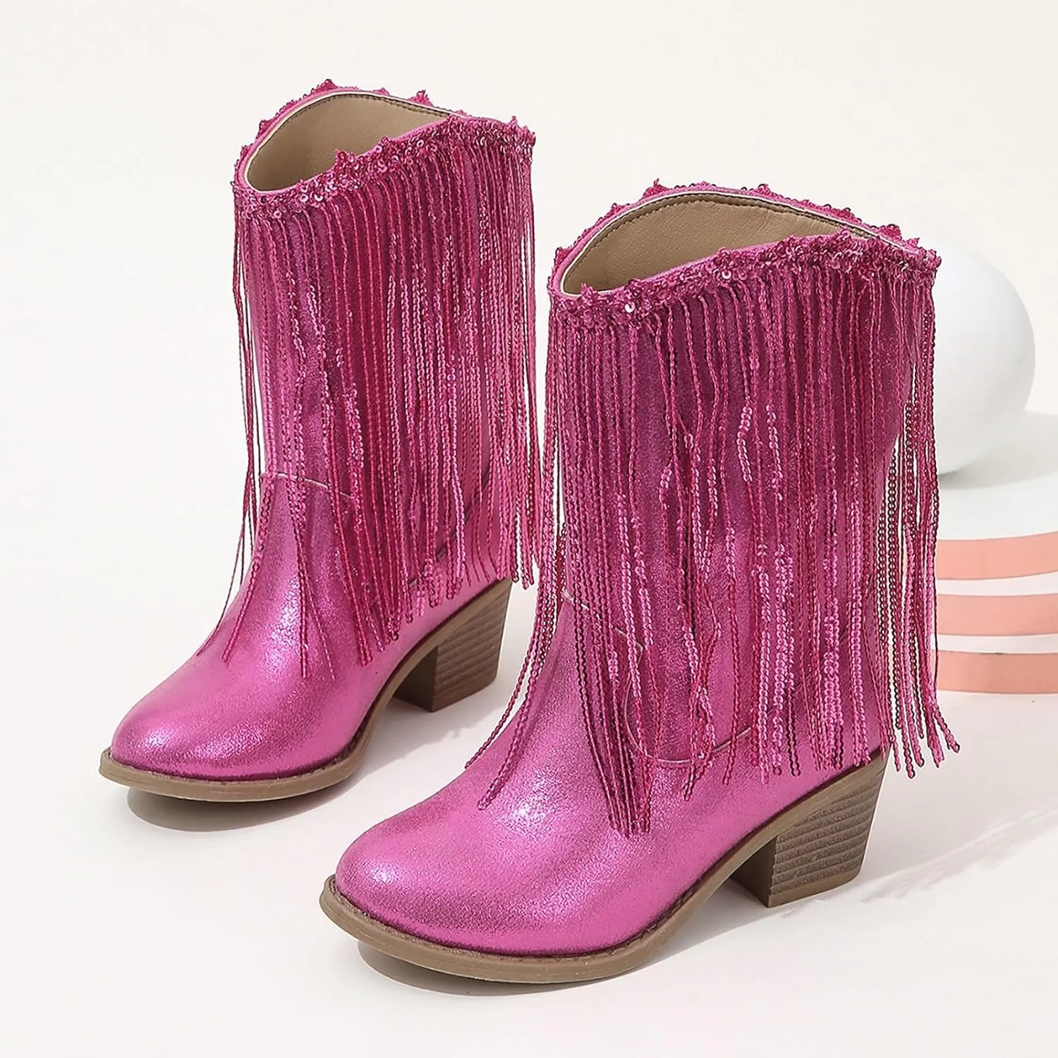 Girl's Cowgirl Boots Cowboy Fringe Western Boots Chunky Heel Tassel Mid Calf Boots Kids Pointed Toe Riding Boots