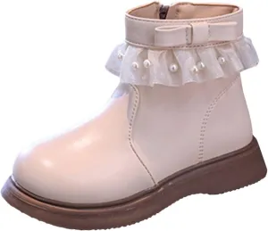 Girls Fashion Short Dress Boot with Lace Pearl Decoration Thick Bottom Solid Classic Non Slip Girls Size 3 Riding Boots