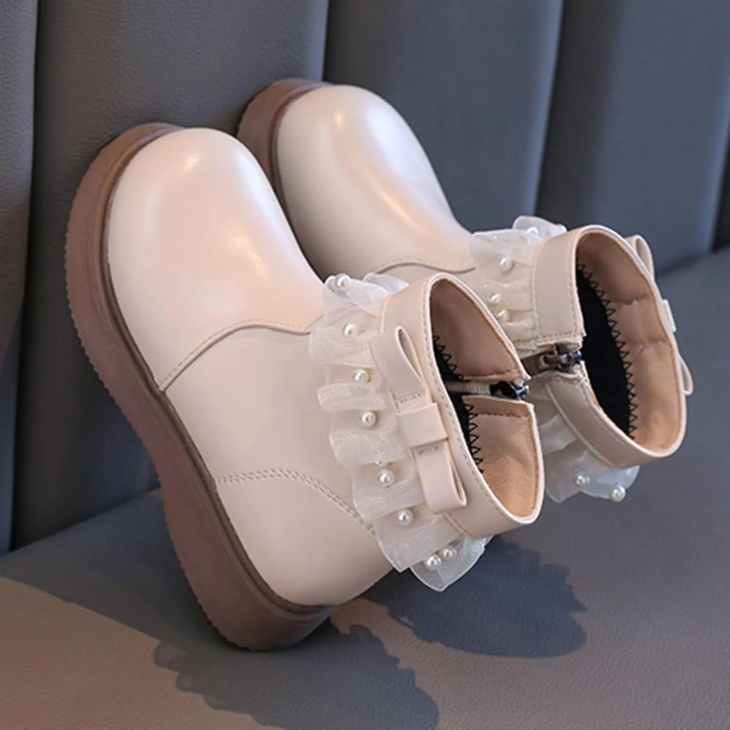 Girls Fashion Short Dress Boot with Lace Pearl Decoration Thick Bottom Solid Classic Non Slip Girls Size 3 Riding Boots