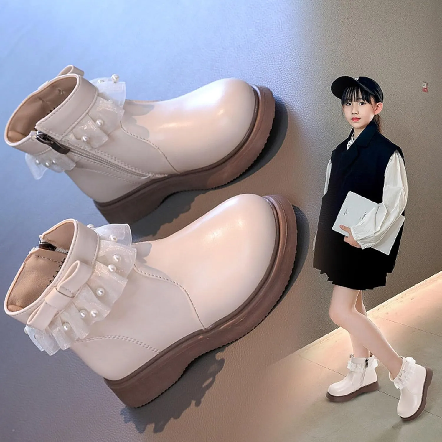 Girls Fashion Short Dress Boot with Lace Pearl Decoration Thick Bottom Solid Classic Non Slip Girls Size 3 Riding Boots