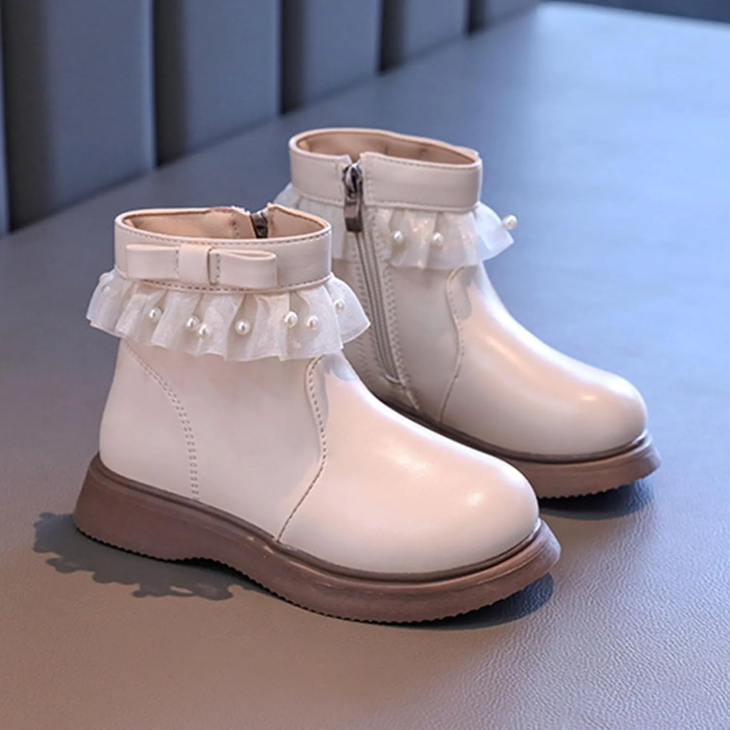 Girls Fashion Short Dress Boot with Lace Pearl Decoration Thick Bottom Solid Classic Non Slip Girls Size 3 Riding Boots