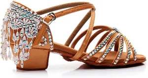 Girls Rhinestone Latin Dance Shoes Low Heel Ballroom Tango Party Performance Tassel Sandals