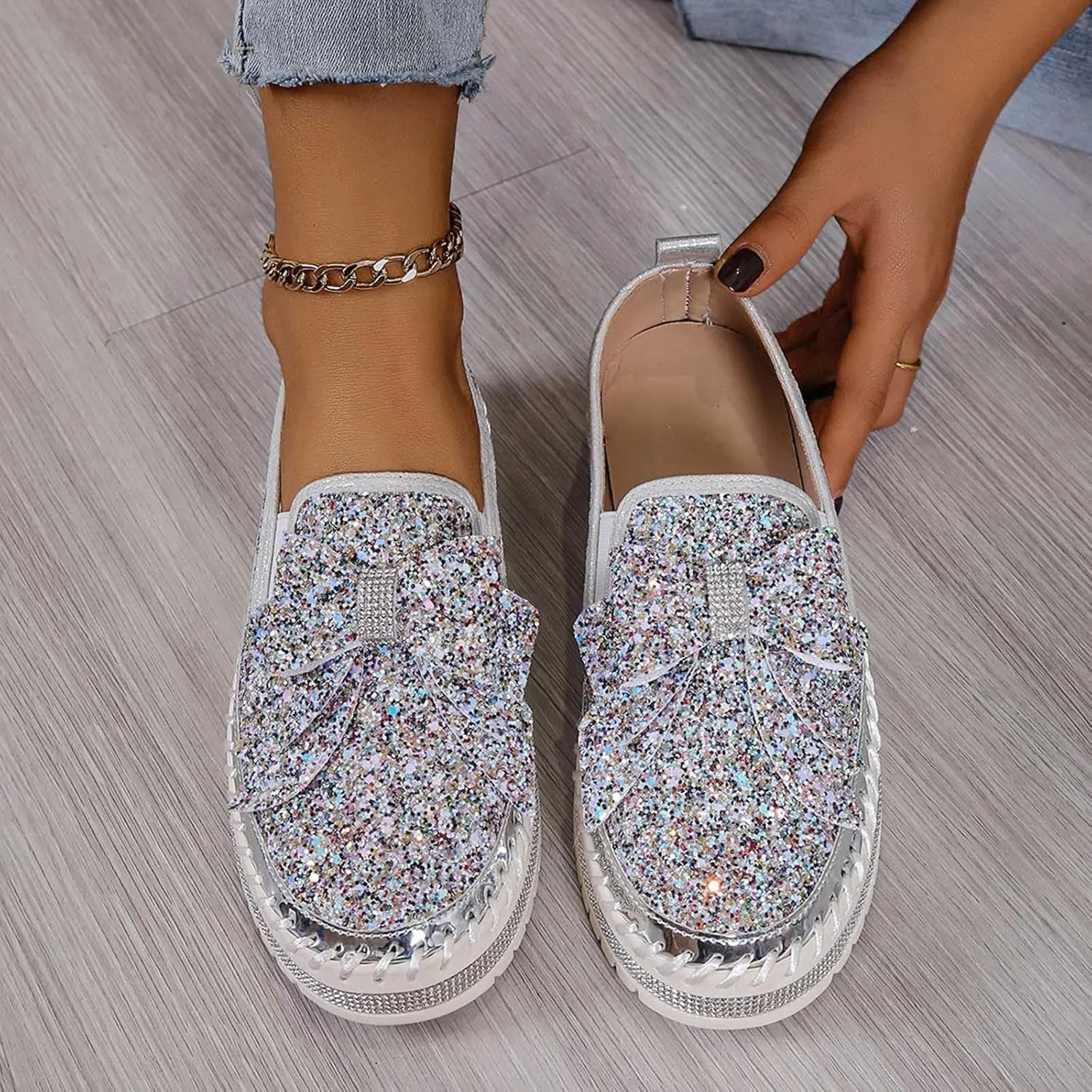 Glitter Sneakers for Women Women's Platform Rhinestones Glitter Sneaker Cute Bow Slip On Comfort Sneaker Loafer Casual Shoes