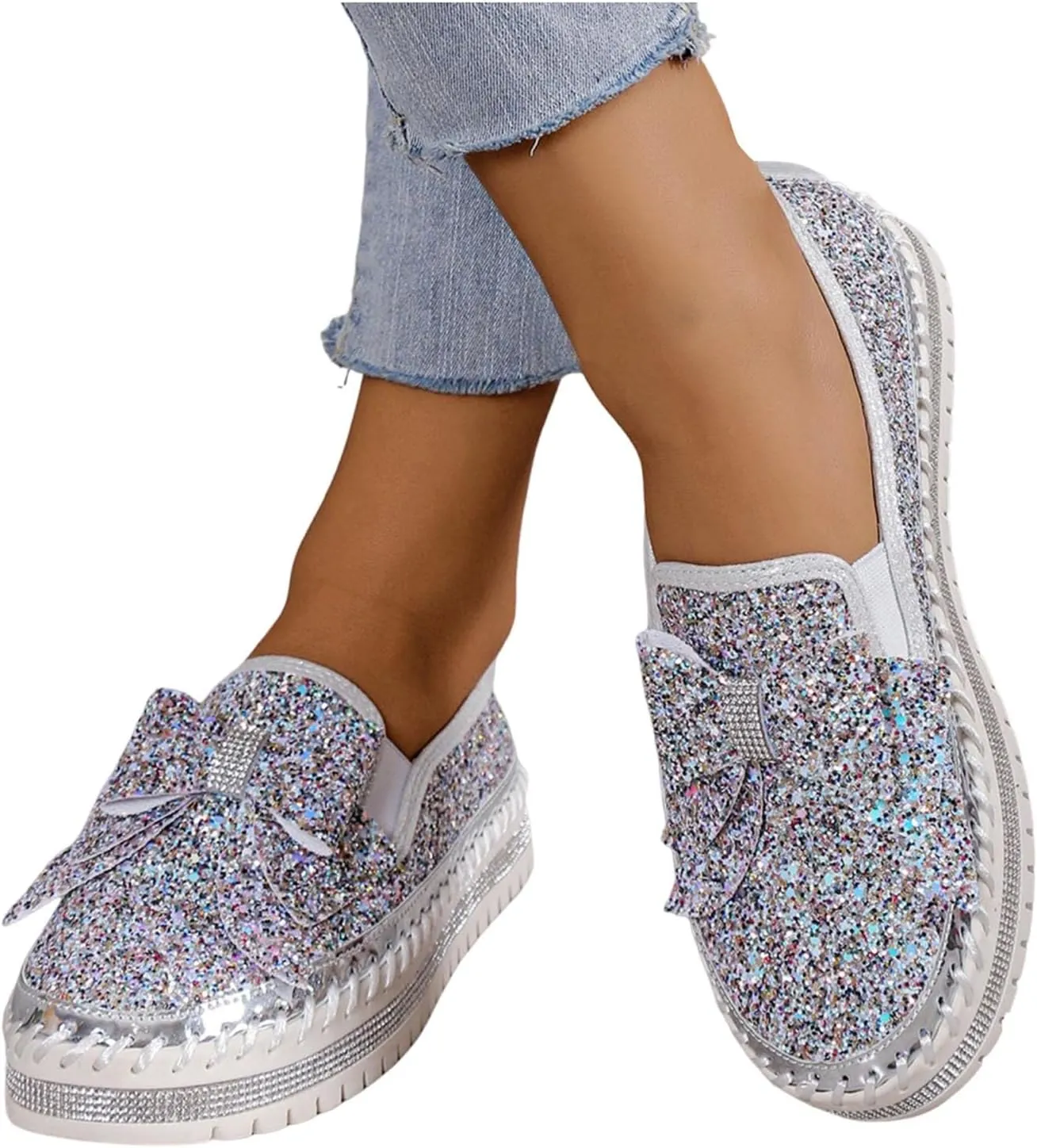 Glitter Sneakers for Women Women's Platform Rhinestones Glitter Sneaker Cute Bow Slip On Comfort Sneaker Loafer Casual Shoes