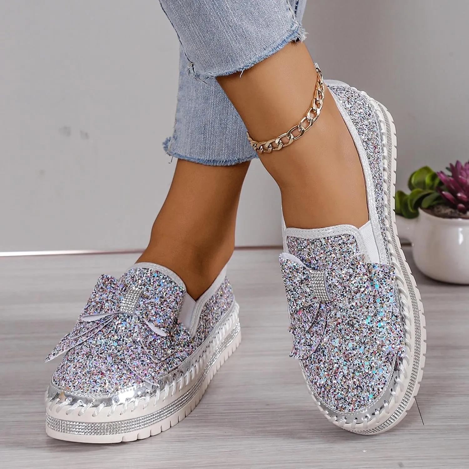 Glitter Sneakers for Women Women's Platform Rhinestones Glitter Sneaker Cute Bow Slip On Comfort Sneaker Loafer Casual Shoes