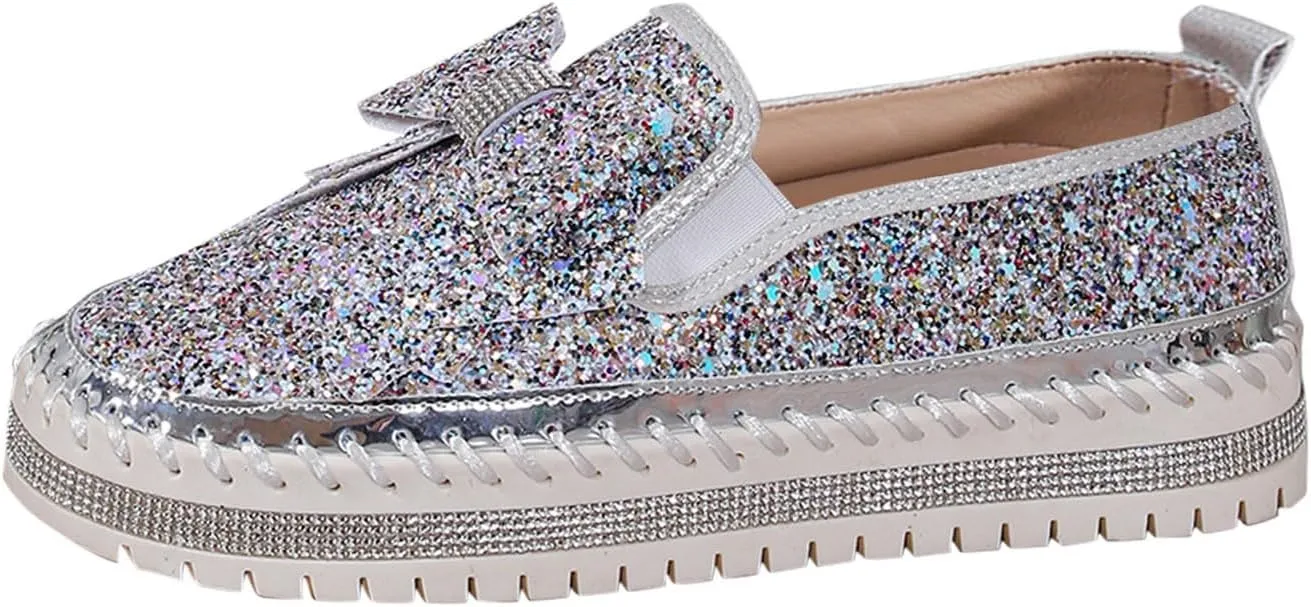 Glitter Sneakers for Women Women's Platform Rhinestones Glitter Sneaker Cute Bow Slip On Comfort Sneaker Loafer Casual Shoes