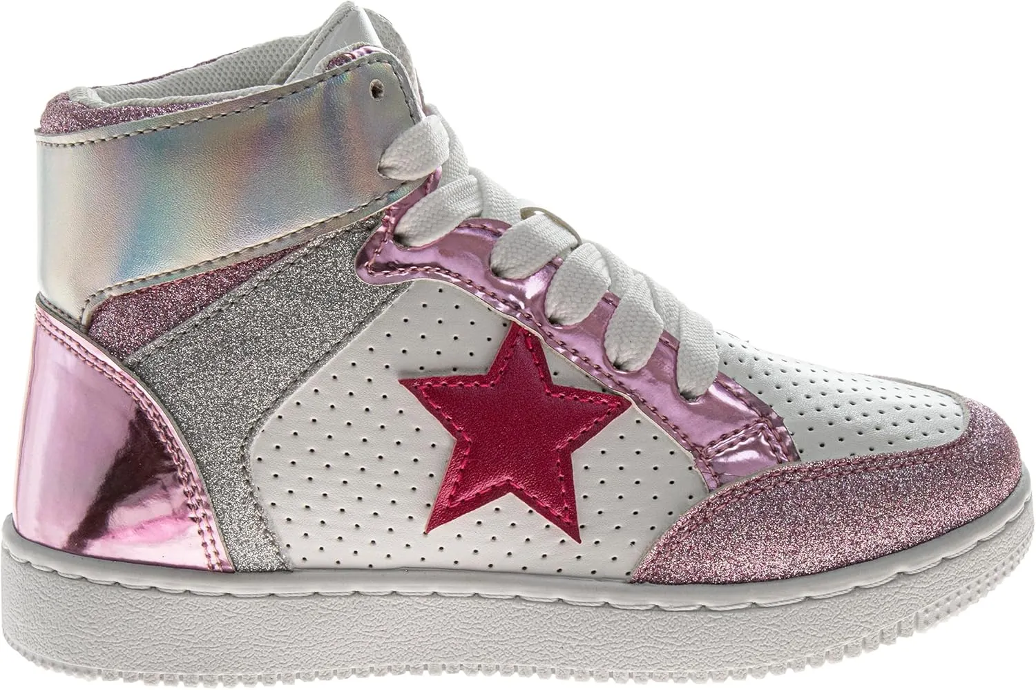 Glittery High Top Sneakers for Kids - Starry Star Sneaker Lace Up Shoes Casual Footwear - White Silver Pink (Sizes Little Kid - Big Kid)