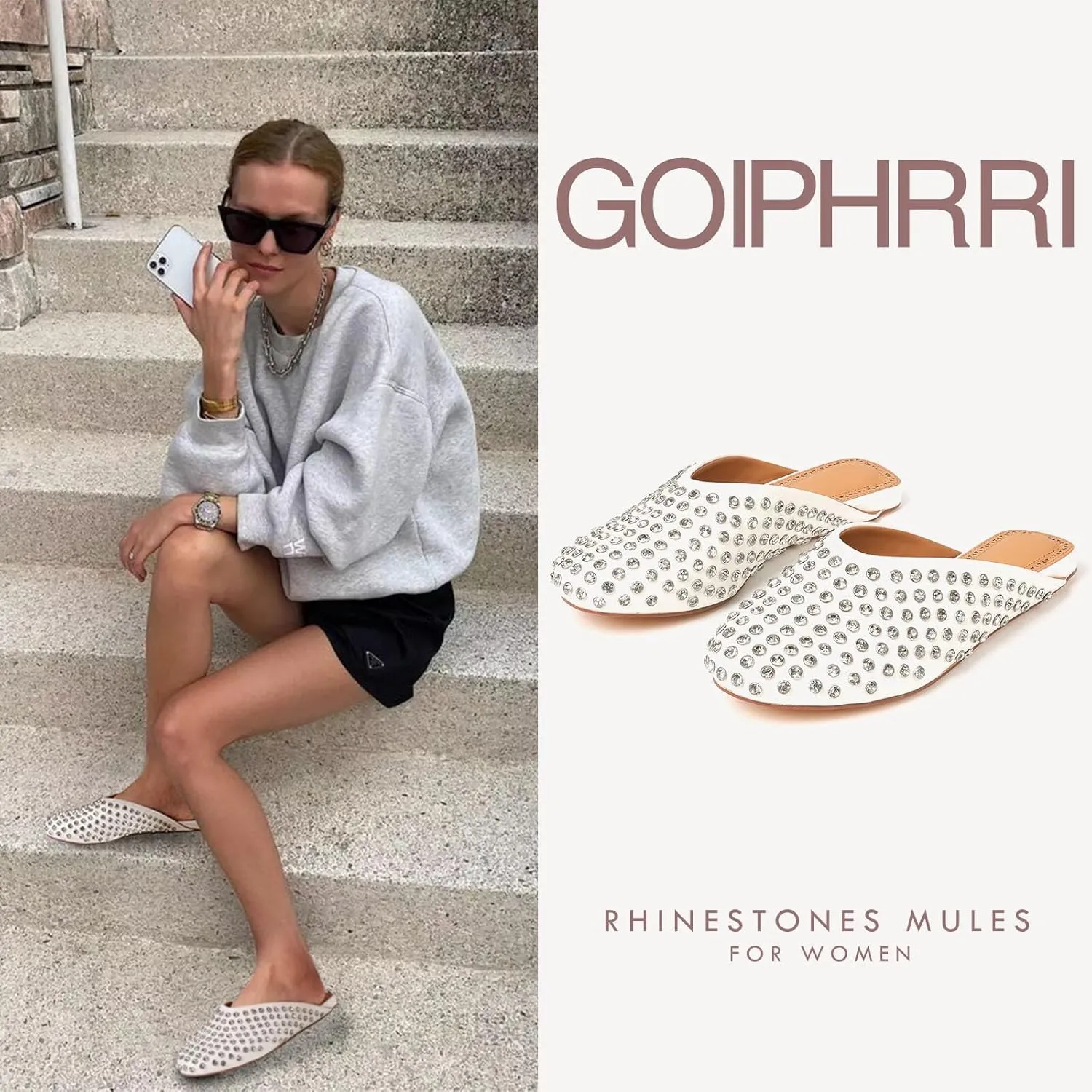 Goiphrri Women's Comfortable Rhinestone Mules - Closed Round Toe Slides, Slip-On Flats, Slingback, Summer, Wide Width