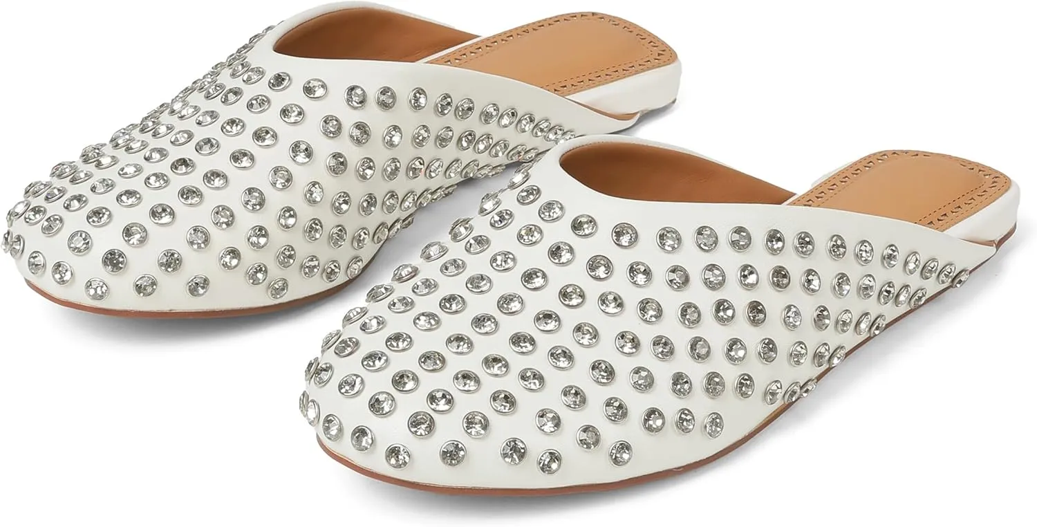 Goiphrri Women's Comfortable Rhinestone Mules - Closed Round Toe Slides, Slip-On Flats, Slingback, Summer, Wide Width