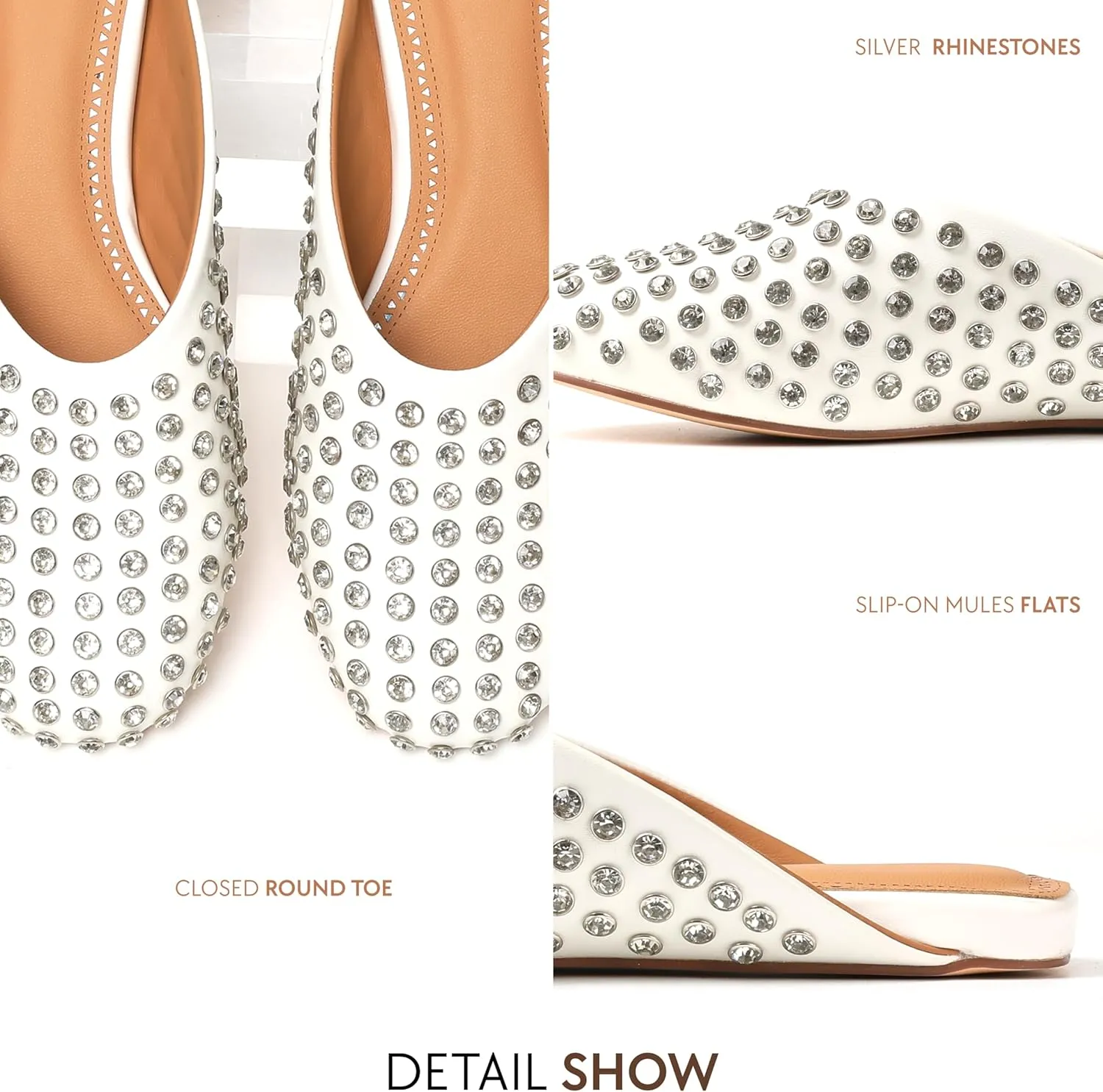 Goiphrri Women's Comfortable Rhinestone Mules - Closed Round Toe Slides, Slip-On Flats, Slingback, Summer, Wide Width
