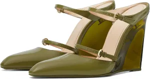 Goolita Clear Wedge Heels for Women, Closed Pointed Toe Mule Heels with Buckle Strap Sexy Backless Slip On Party Evening Shoes