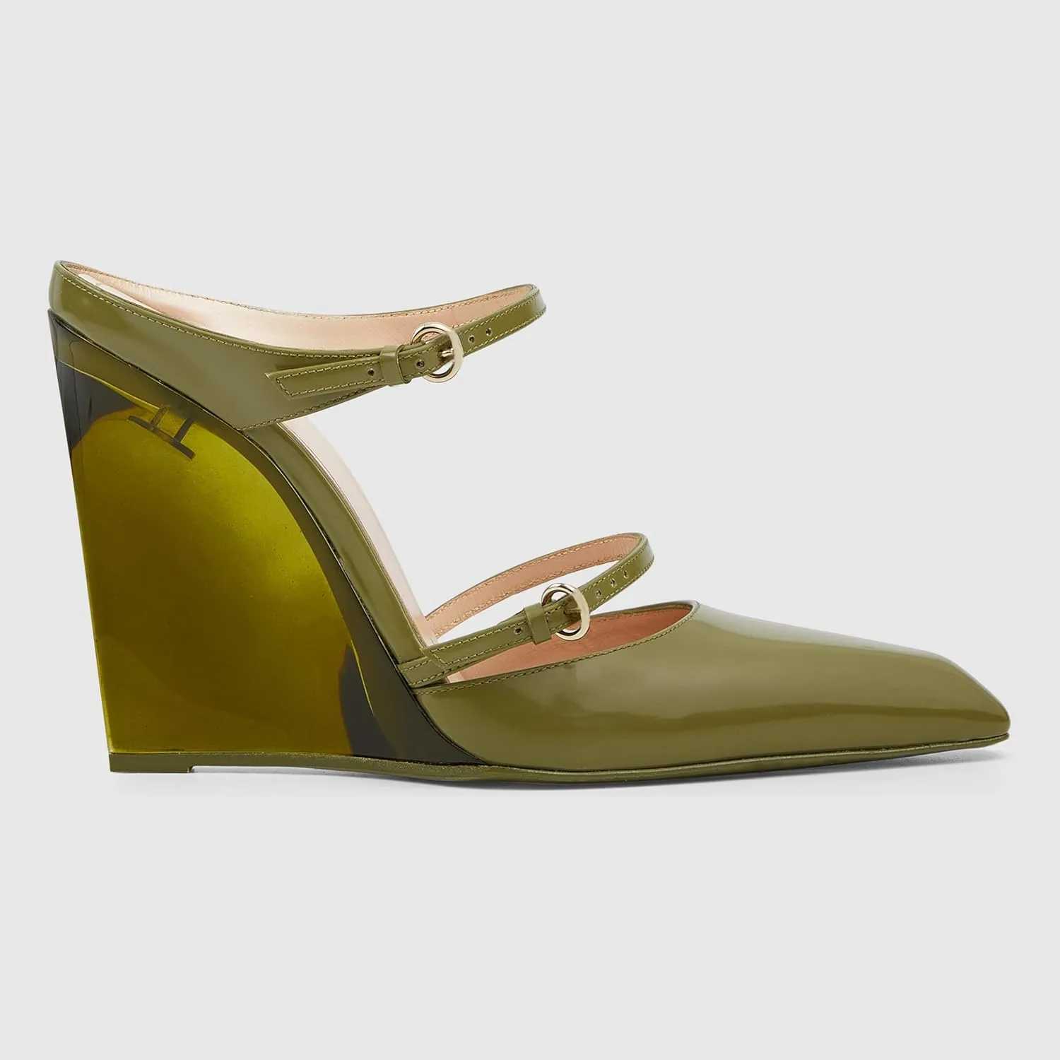 Goolita Clear Wedge Heels for Women, Closed Pointed Toe Mule Heels with Buckle Strap Sexy Backless Slip On Party Evening Shoes