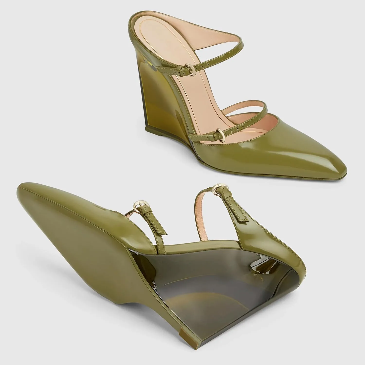 Goolita Clear Wedge Heels for Women, Closed Pointed Toe Mule Heels with Buckle Strap Sexy Backless Slip On Party Evening Shoes
