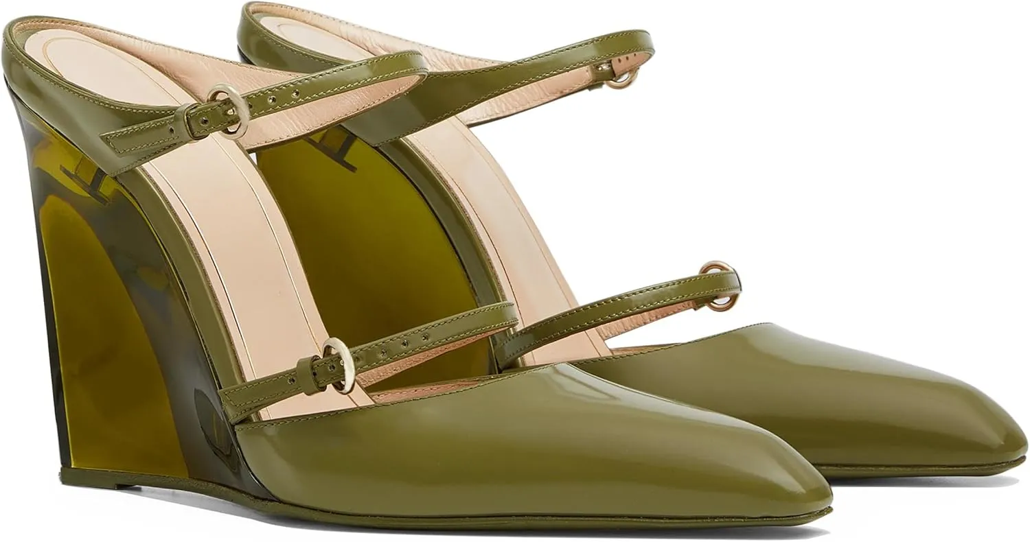 Goolita Clear Wedge Heels for Women, Closed Pointed Toe Mule Heels with Buckle Strap Sexy Backless Slip On Party Evening Shoes