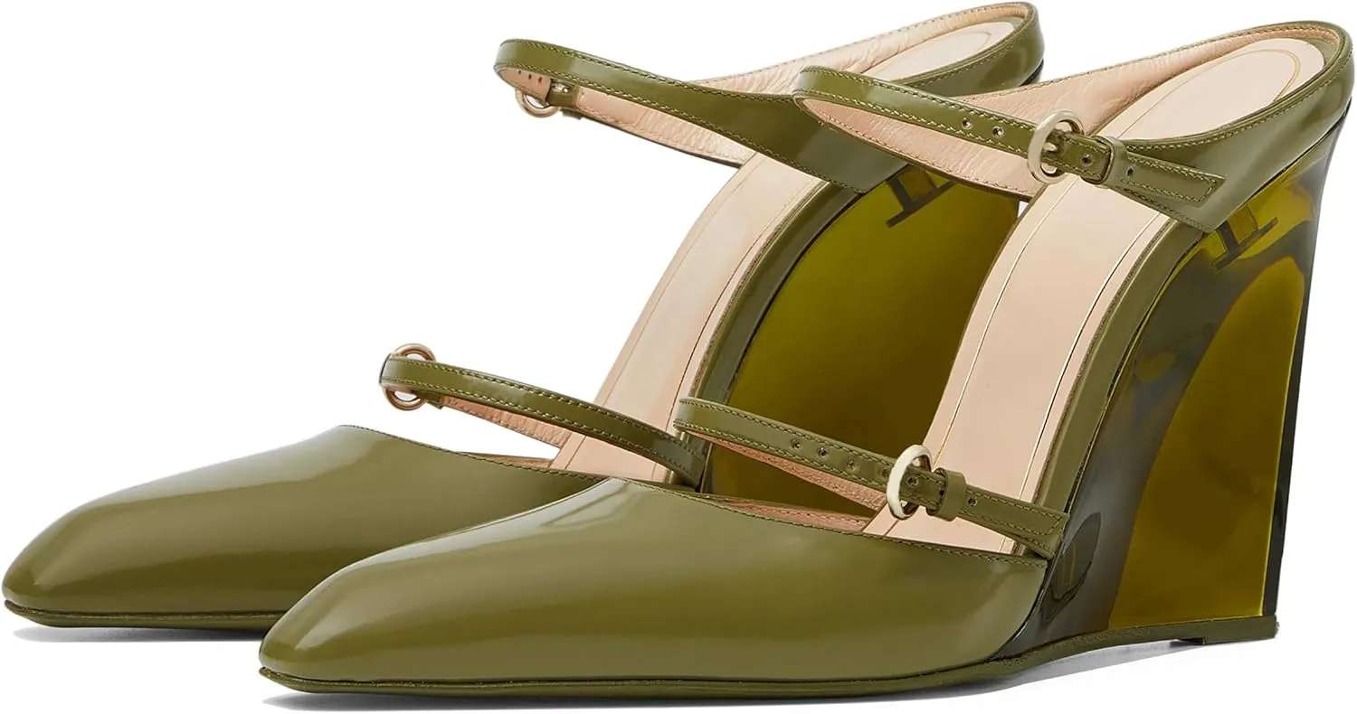 Goolita Clear Wedge Heels for Women, Closed Pointed Toe Mule Heels with Buckle Strap Sexy Backless Slip On Party Evening Shoes